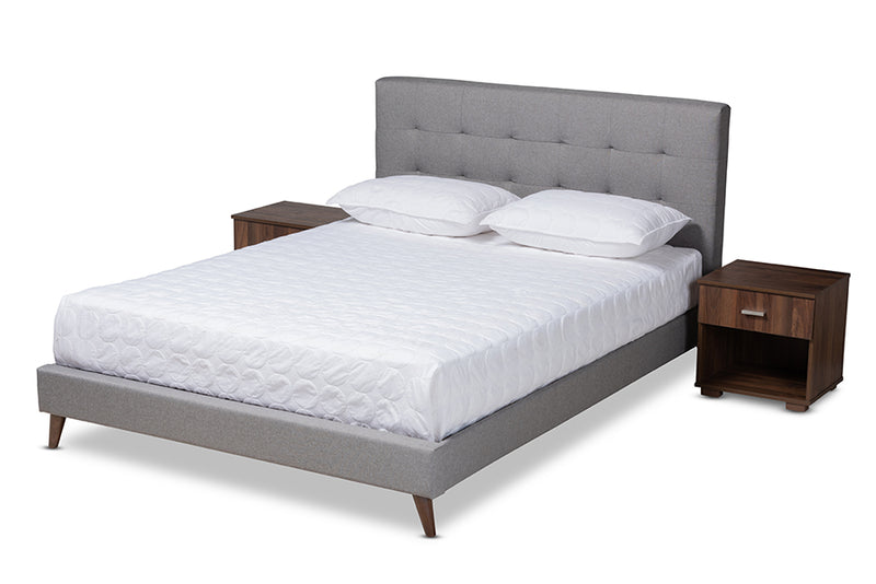 Huntley Mid-Century Modern Light Gray Fabric Upholstered Queen Size Platform Bed w/Two Nightstands