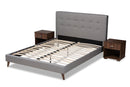 Huntley Light Gray Fabric Upholstered Queen Size Platform Bed w/Two Nightstands Baxton