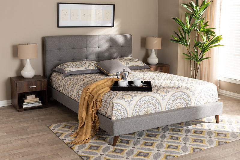 Huntley Mid-Century Modern Light Gray Fabric Upholstered Queen Size Platform Bed w/Two Nightstands