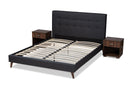 Huntley Dark Gray Fabric Upholstered Queen Size Platform Bed w/Two Nightstands Baxton