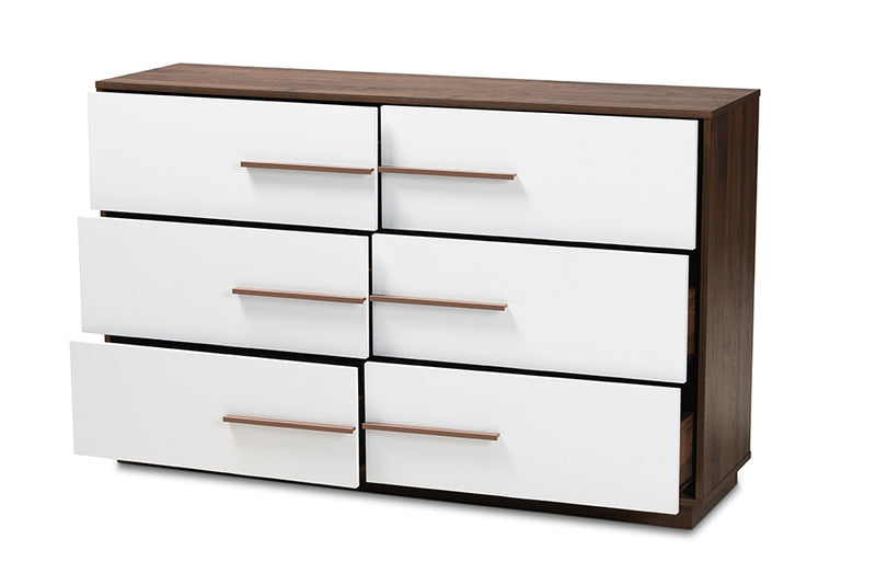 Kamal Mid-Century Modern White and Walnut Finished 6-Drawer Wood Dresser