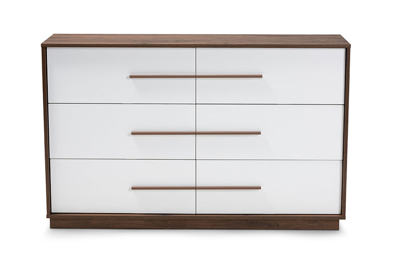 Kamal Mid-Century Modern White and Walnut Finished 6-Drawer Wood Dresser