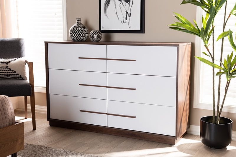 Kamal Mid-Century Modern White and Walnut Finished 6-Drawer Wood Dresser