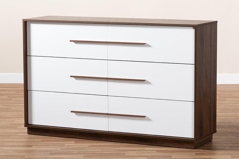 Kamal Mid-Century Modern White and Walnut Finished 6-Drawer Wood Dresser