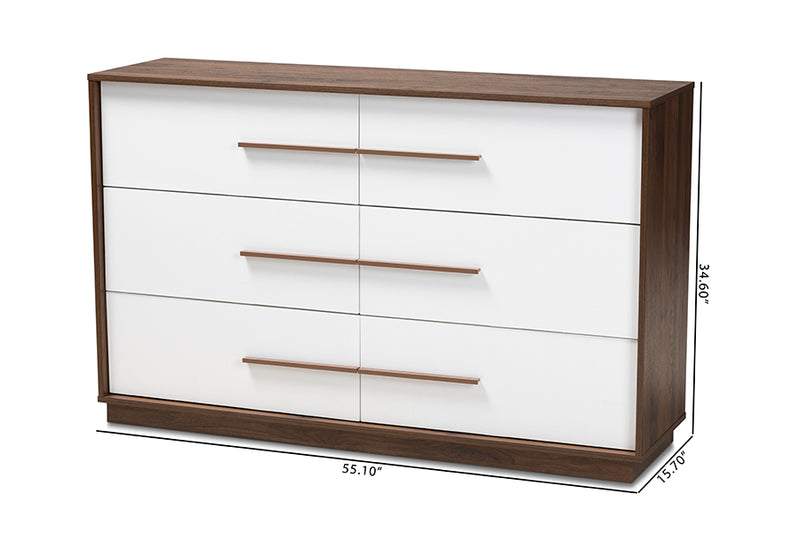 Kamal Mid-Century Modern White and Walnut Finished 6-Drawer Wood Dresser