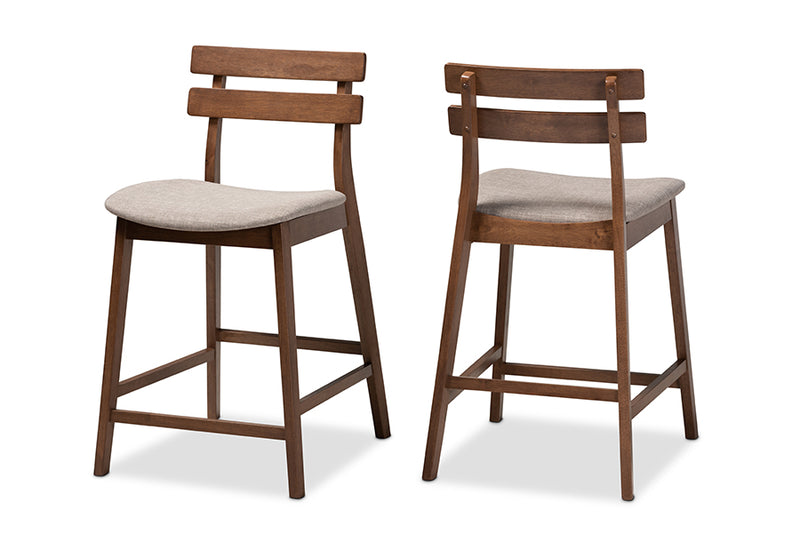 Maren Modern and Contemporary Light Gray Fabric Upholstered Walnut Finished 2-Piece Wood Counter Stool Set