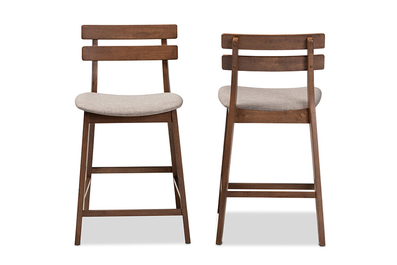 Maren Modern and Contemporary Light Gray Fabric Upholstered Walnut Finished 2-Piece Wood Counter Stool Set