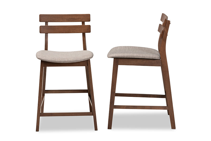 Maren Modern and Contemporary Light Gray Fabric Upholstered Walnut Finished 2-Piece Wood Counter Stool Set