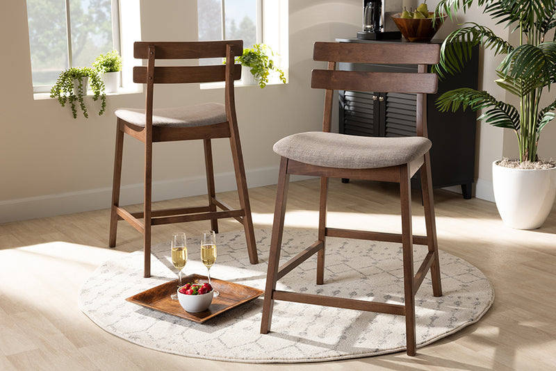 Maren Modern and Contemporary Light Gray Fabric Upholstered Walnut Finished 2-Piece Wood Counter Stool Set