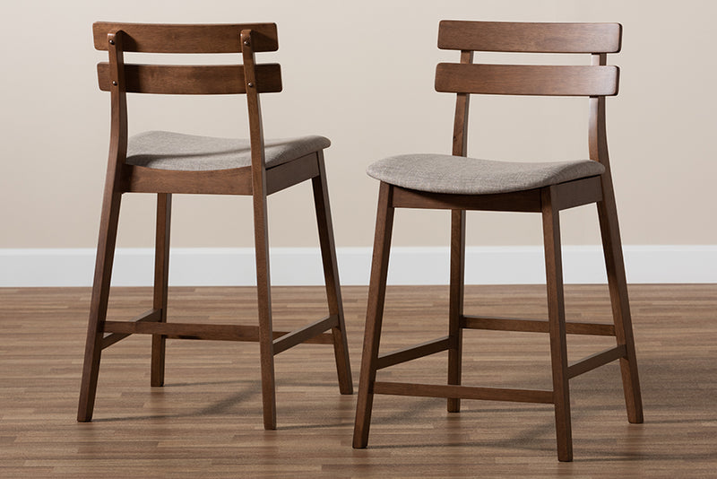 Maren Modern and Contemporary Light Gray Fabric Upholstered Walnut Finished 2-Piece Wood Counter Stool Set