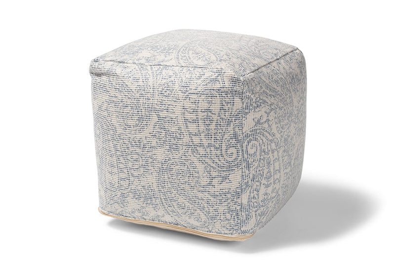 Pocillo Ivory and Blue Handwoven Cotton Paisley Pouf Ottoman Baxton