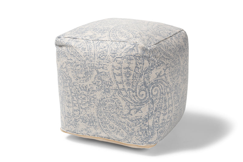 Pocillo Modern and Contemporary Ivory and Blue Handwoven Cotton Paisley Pouf Ottoman