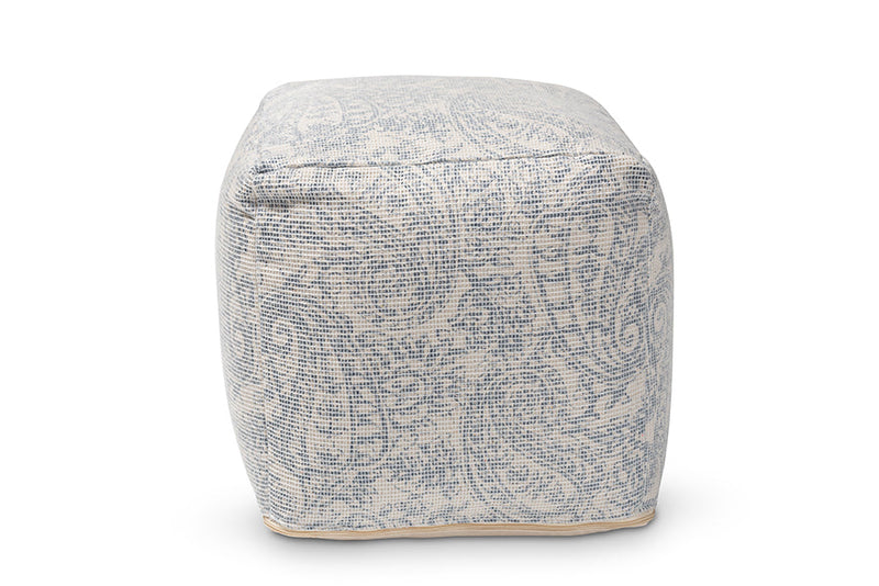 Pocillo Ivory and Blue Handwoven Cotton Paisley Pouf Ottoman Baxton
