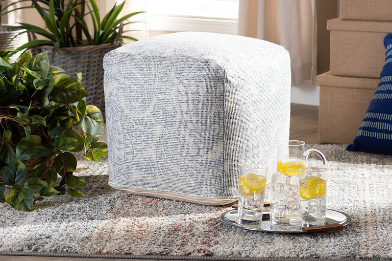 Pocillo Modern and Contemporary Ivory and Blue Handwoven Cotton Paisley Pouf Ottoman