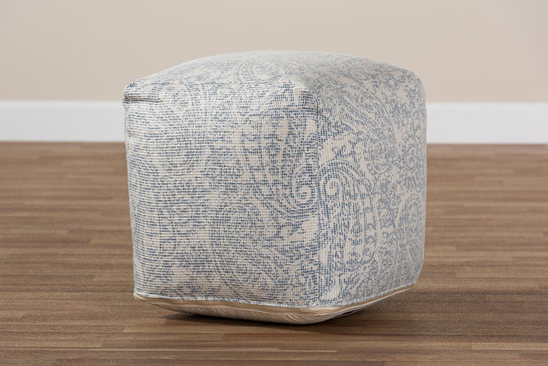 Pocillo Ivory and Blue Handwoven Cotton Paisley Pouf Ottoman Baxton