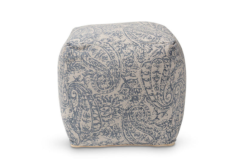 Pocillo Gray and Blue Handwoven Cotton Paisley Pouf Ottoman Baxton