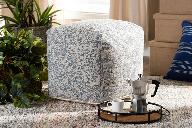 Pocillo Gray and Blue Handwoven Cotton Paisley Pouf Ottoman Baxton