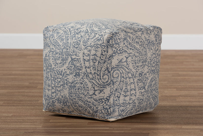Pocillo Gray and Blue Handwoven Cotton Paisley Pouf Ottoman Baxton