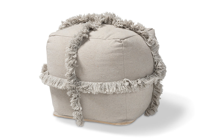 Delora Moroccan Inspired Gray Handwoven Cotton Fringe Pouf Ottoman