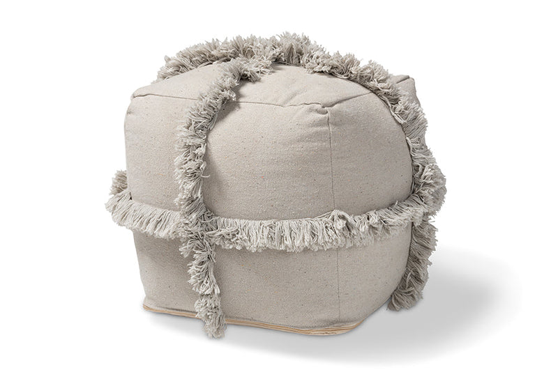 Delora Moroccan Inspired Gray Handwoven Cotton Fringe Pouf Ottoman Baxton