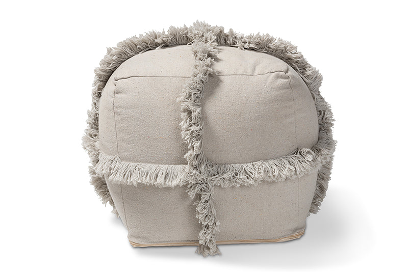 Delora Moroccan Inspired Gray Handwoven Cotton Fringe Pouf Ottoman