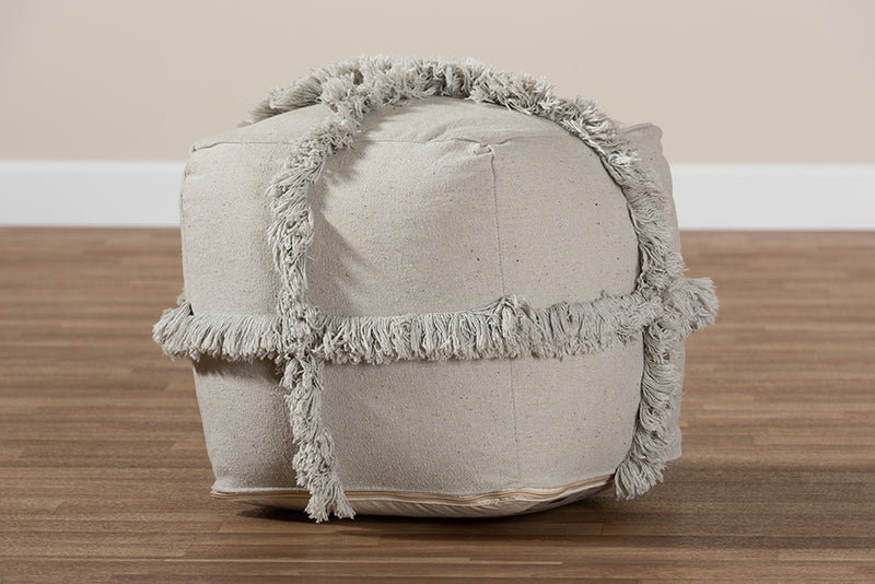 Delora Moroccan Inspired Gray Handwoven Cotton Fringe Pouf Ottoman