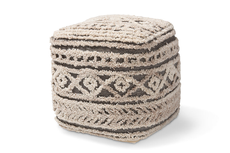 Flynn Moroccan Inspired Beige and Brown Handwoven Hemp Pouf Ottoman