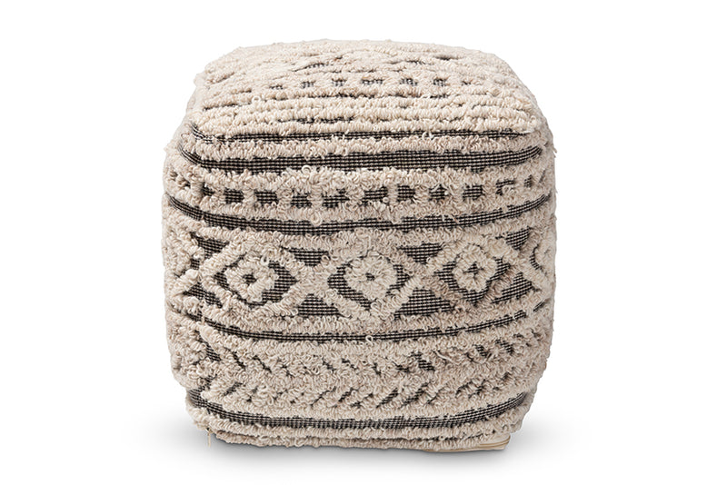 Flynn Moroccan Inspired Beige and Brown Handwoven Hemp Pouf Ottoman