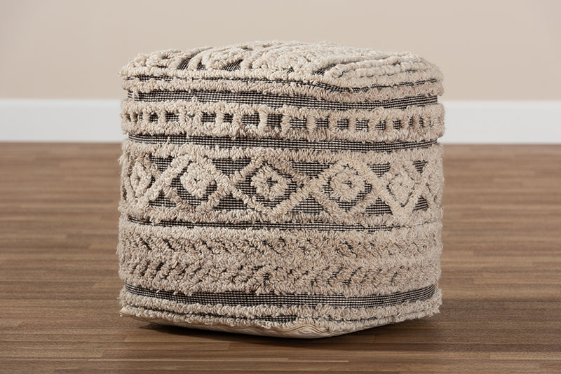 Flynn Moroccan Inspired Beige and Brown Handwoven Hemp Pouf Ottoman