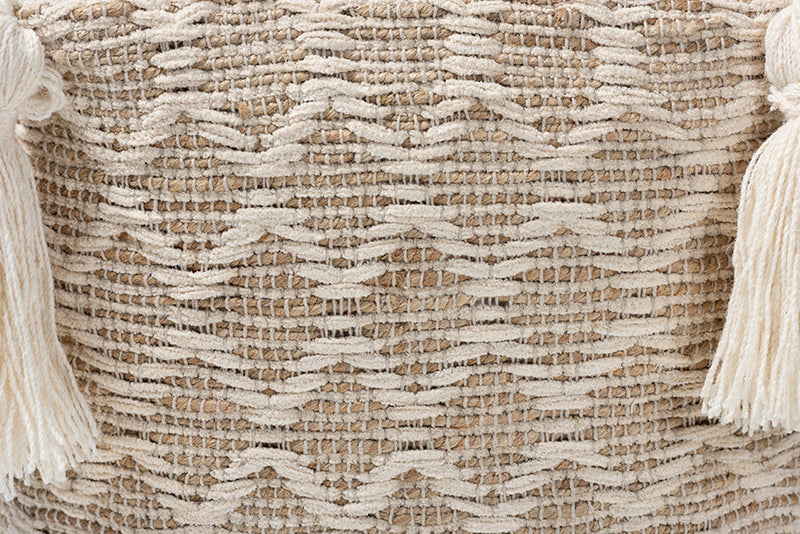 Silvana Natural and Ivory Handwoven Cotton and Hemp Pouf Ottoman Baxton