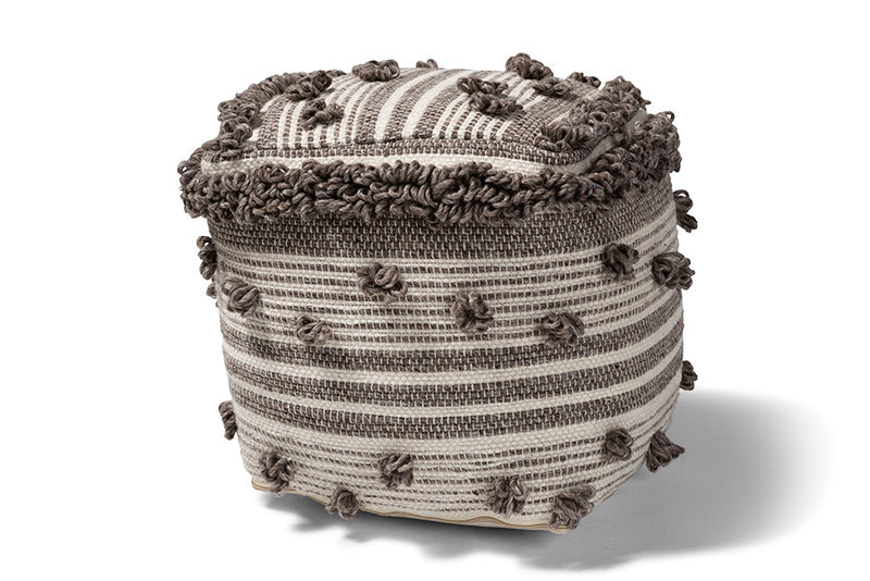 Larkin Moroccan Inspired Ivory and Brown Handwoven Wool Pouf Ottoman Baxton