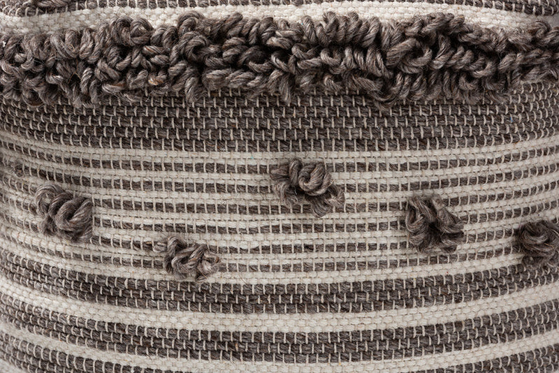 Larkin Moroccan Inspired Ivory and Brown Handwoven Wool Pouf Ottoman Baxton