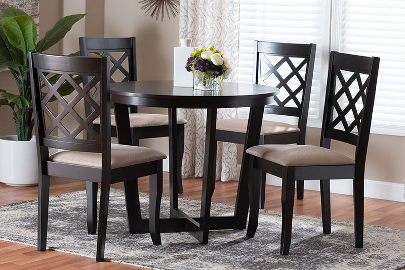 Diata Modern Sand Fabric and Dark Brown Wood 5-Piece Dining Set