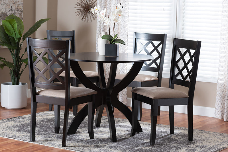 Samir Modern Sand Fabric and Dark Brown Wood 5-Piece Dining Set