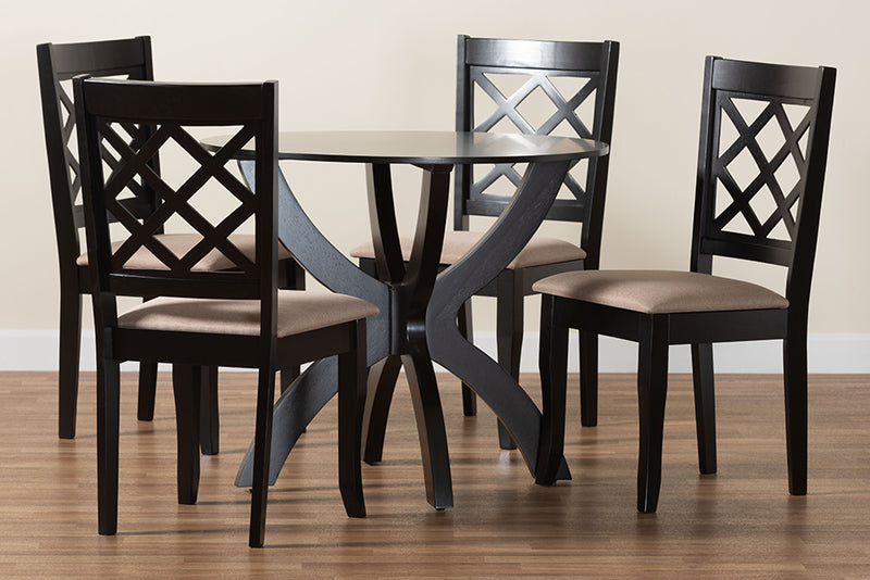 Samir Modern Sand Fabric and Dark Brown Wood 5-Piece Dining Set