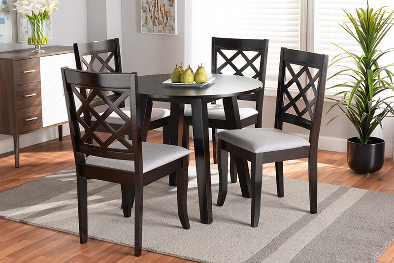 Zaira Modern and Contemporary Gray Fabric Upholstered and Dark Brown Finished Wood 5-Piece Dining Set