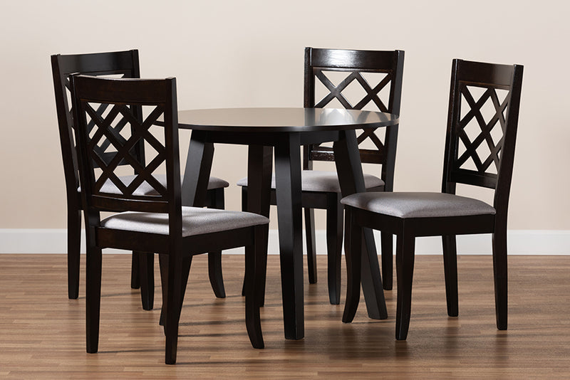 Zaira Modern and Contemporary Gray Fabric Upholstered and Dark Brown Finished Wood 5-Piece Dining Set