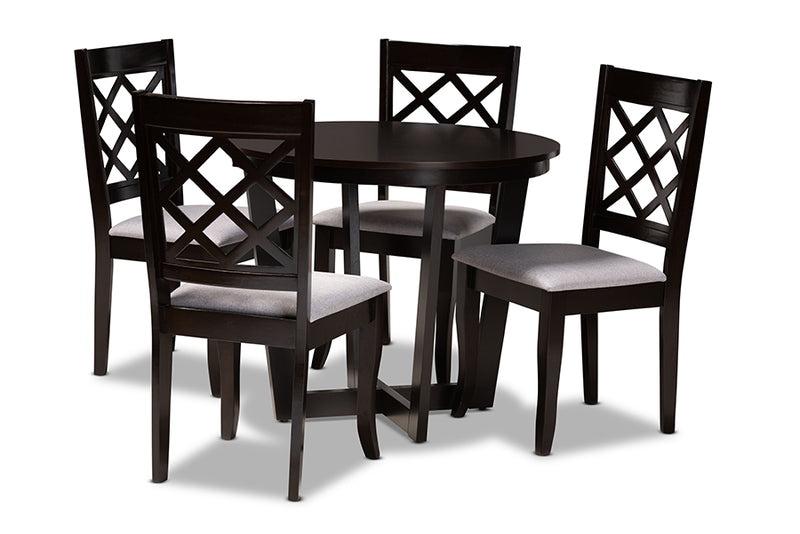 Diata Modern and Contemporary Gray Fabric Upholstered and Dark Brown Finished Wood 5-Piece Dining Set