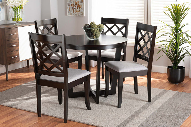 Diata Gray Fabric Upholstered and Dark Brown 5-Piece Dining Set Baxton