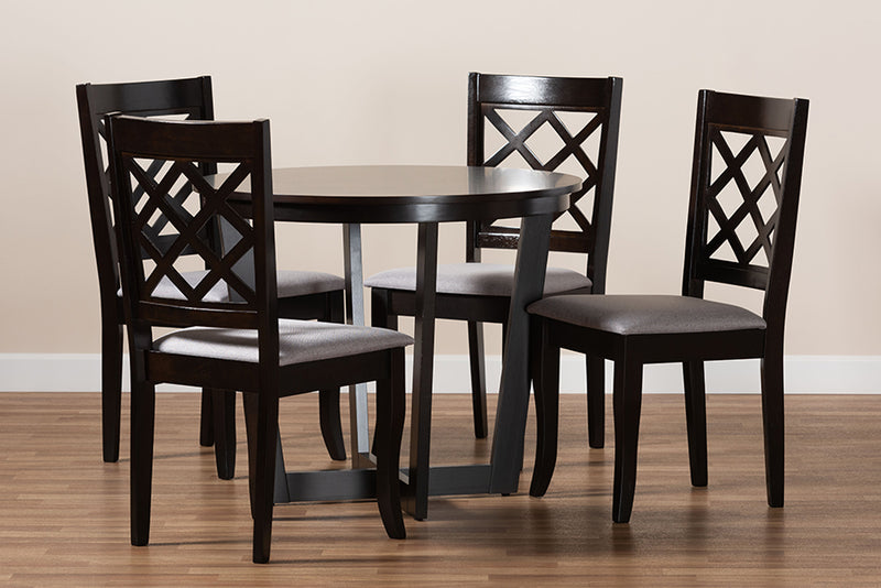 Diata Modern and Contemporary Gray Fabric Upholstered and Dark Brown Finished Wood 5-Piece Dining Set