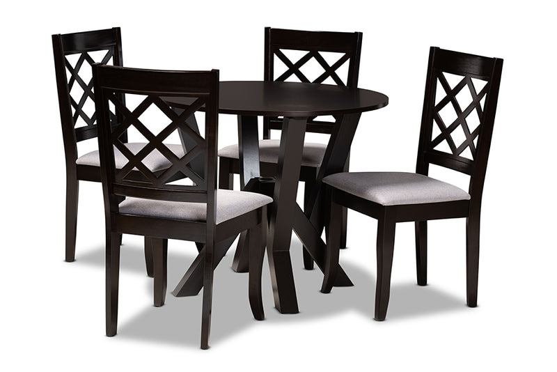 Charlier Modern and Contemporary Gray Fabric Upholstered and Dark Brown Finished Wood 5-Piece Dining Set