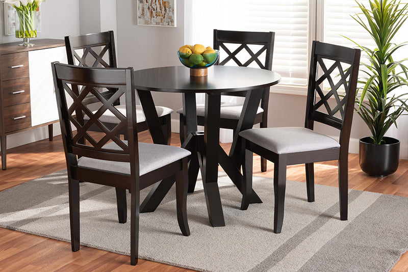 Charlier Modern and Contemporary Gray Fabric Upholstered and Dark Brown Finished Wood 5-Piece Dining Set