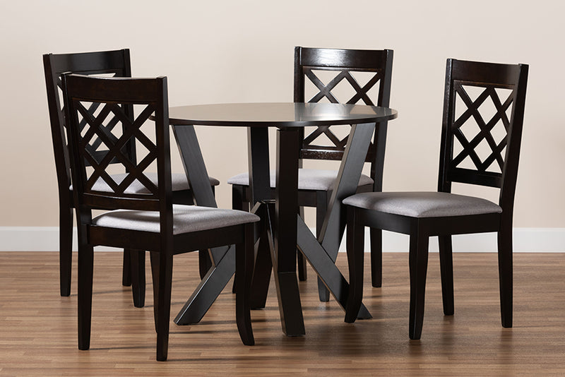 Charlier Modern and Contemporary Gray Fabric Upholstered and Dark Brown Finished Wood 5-Piece Dining Set