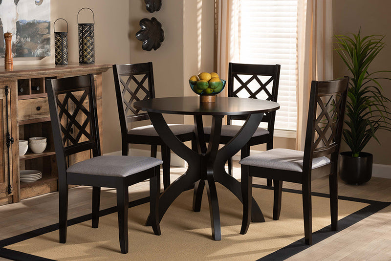 Samir Gray Fabric Upholstered and Dark Brown 5-Piece Dining Set Baxton