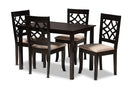 Meike Sand Fabric Upholstered Espresso Brown Finished 5-Piece Wood Dining Set Baxton