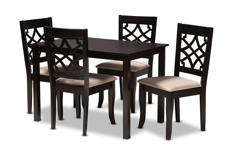 Meike Sand Fabric Upholstered Espresso Brown Finished 5-Piece Wood Dining Set Baxton
