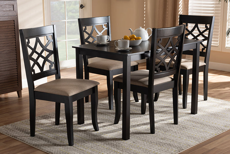 Meike Sand Fabric Upholstered Espresso Brown Finished 5-Piece Wood Dining Set Baxton