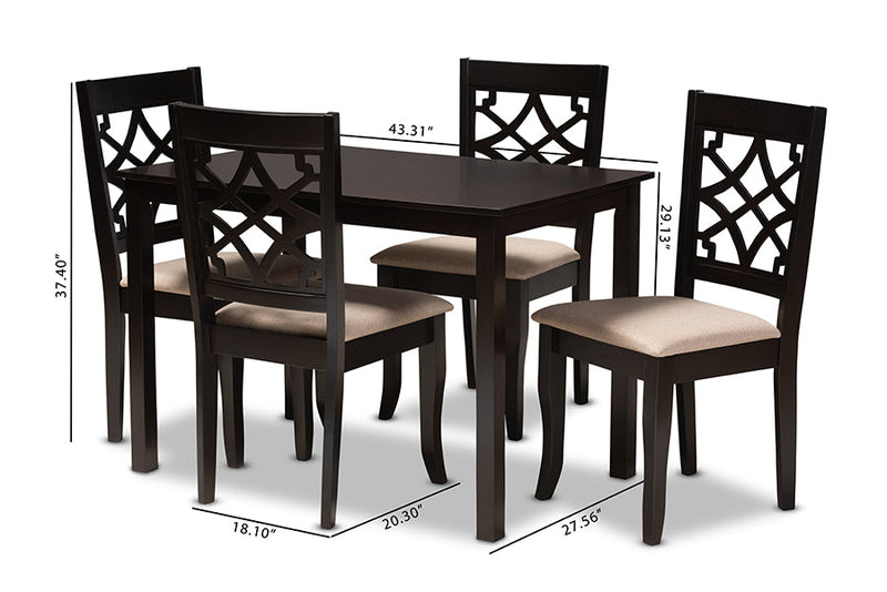 Meike Sand Fabric Upholstered Espresso Brown Finished 5-Piece Wood Dining Set Baxton