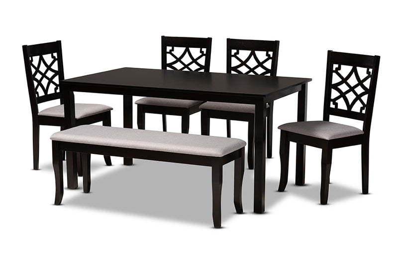 Denmark Modern and Contemporary Gray Fabric Upholstered and Dark Brown Finished Wood 6-Piece Dining Set