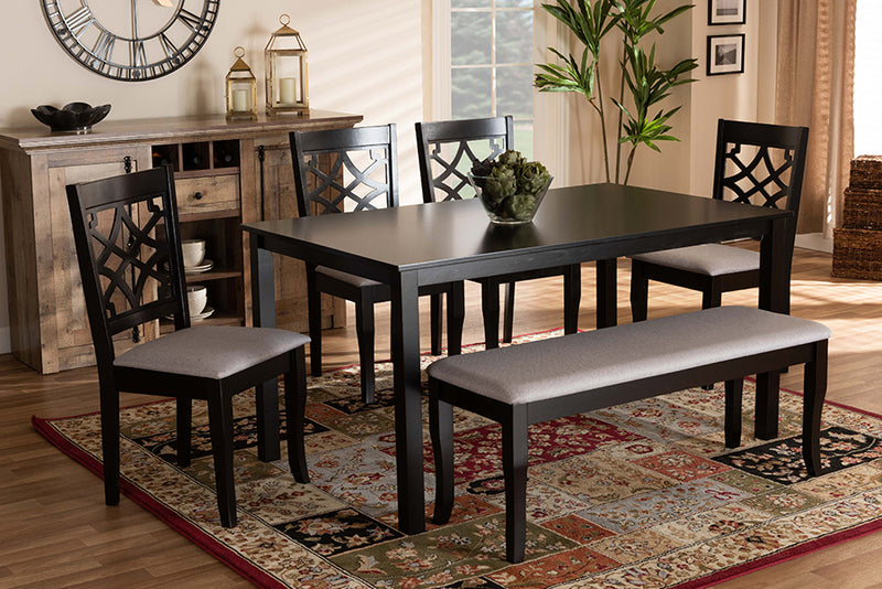 Denmark Modern and Contemporary Gray Fabric Upholstered and Dark Brown Finished Wood 6-Piece Dining Set